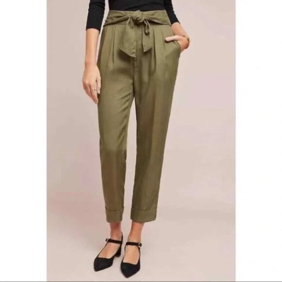 Anthropologie | Cartonnier Khaki Green Kingsley Cuffed Ankle Belted Trouser - Picture 1 of 9